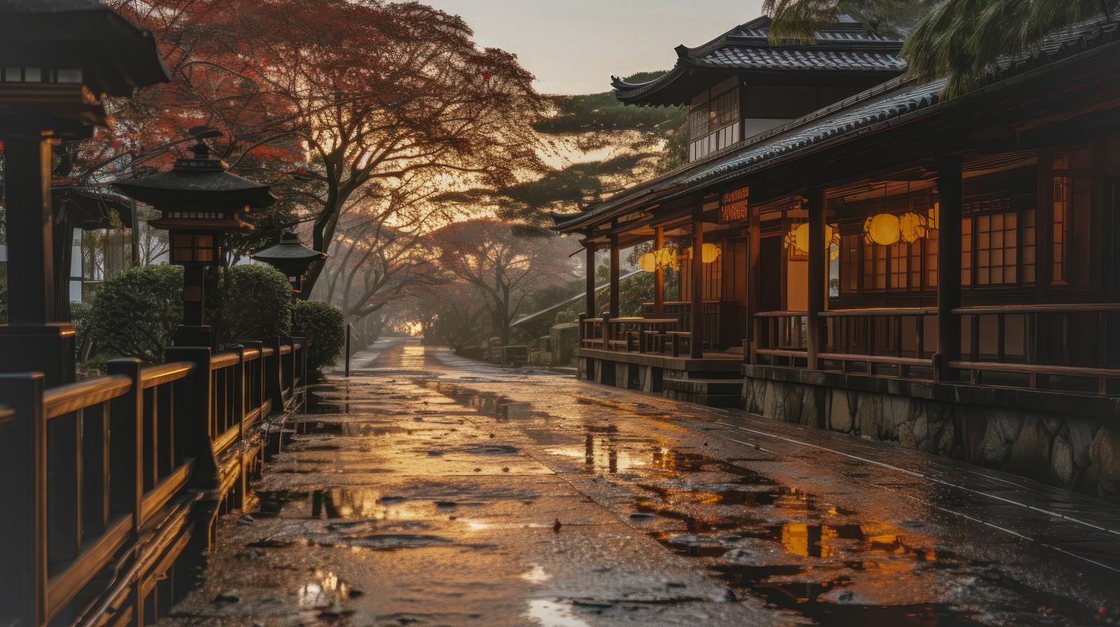 雨に濡れた石畳と朝日に照らされた日本風の古い建物