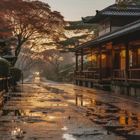 雨上がりの日本風古い建物と朝日が照らす石畳の街並みの写真