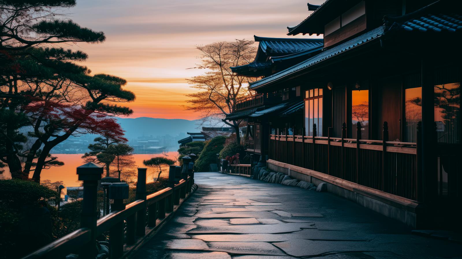 湖を背景に、夜明けの空の下に建つ和風建物と松の木