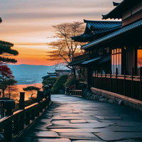 湖を見下ろす高台の和風建物と夜明けの景観の写真