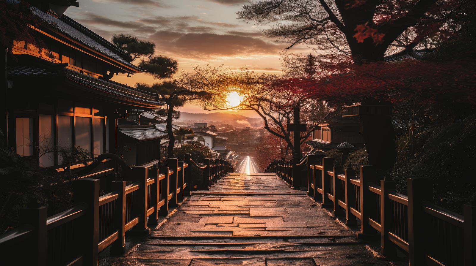 日本風の建物と参道から見える夕焼けに染まる夕日の風景