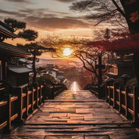 日本家屋に沈む夕日の日没風景、参道の階段と寺院風建物の写真