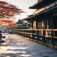 紅葉と和風建築が映る雨上がりの参拝路、朝日に照らされた石畳の写真