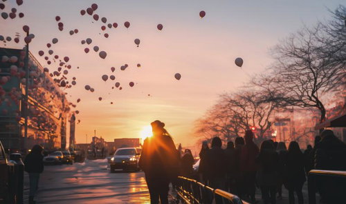 夜明けの街並みを彩るカラフルなバルーンと人群れ