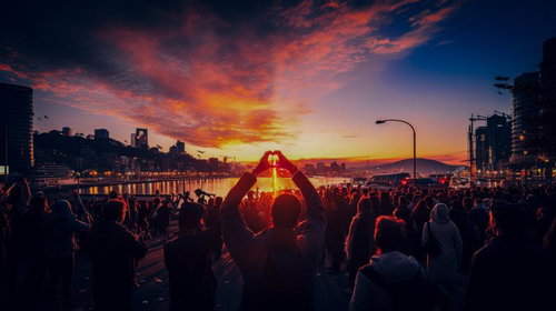 新年の初日の出を見に集まった群衆と海岸の夜明け