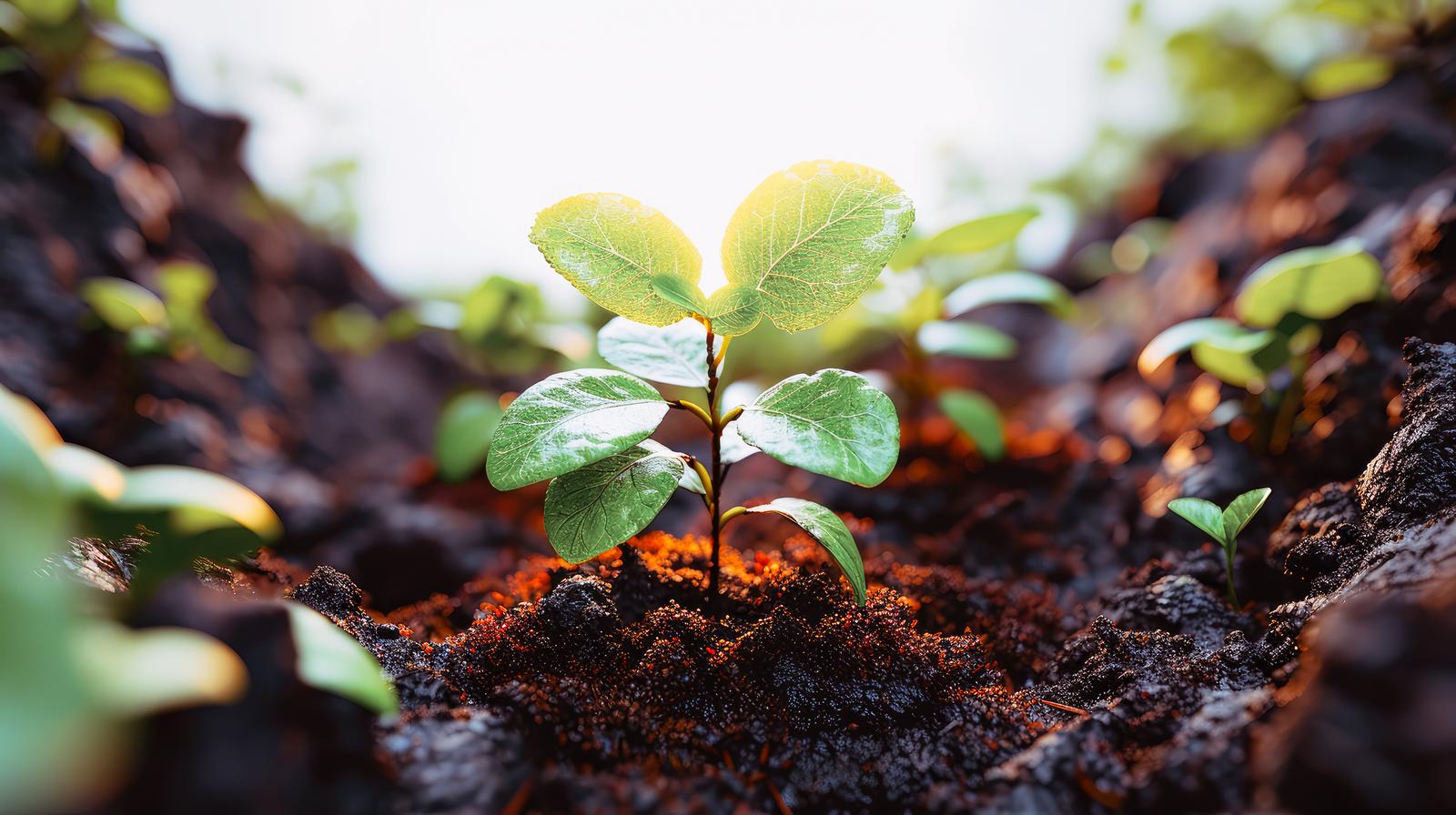 土壌に植わった黄緑色の若い苗、複数の苗が背景にある
