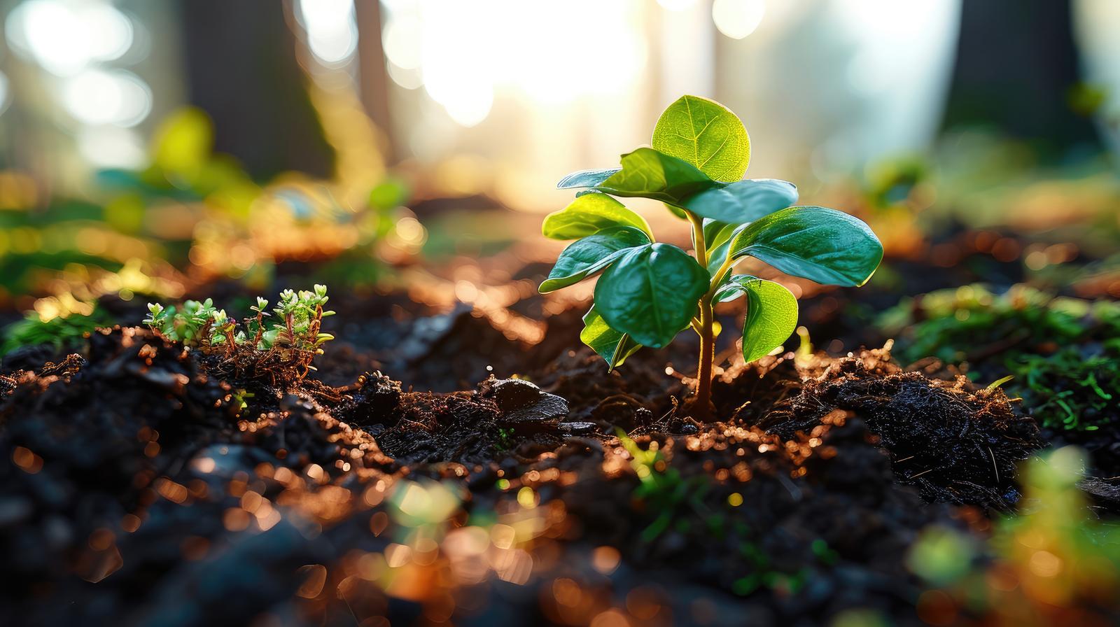 土壌から芽吹く小さな苗がやさしい光に照らされている