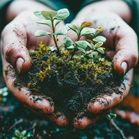 土と苔に包まれた両手いっぱいの苗を育てる手の写真