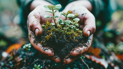 土と苔に包まれた両手いっぱいの苗を育てる手