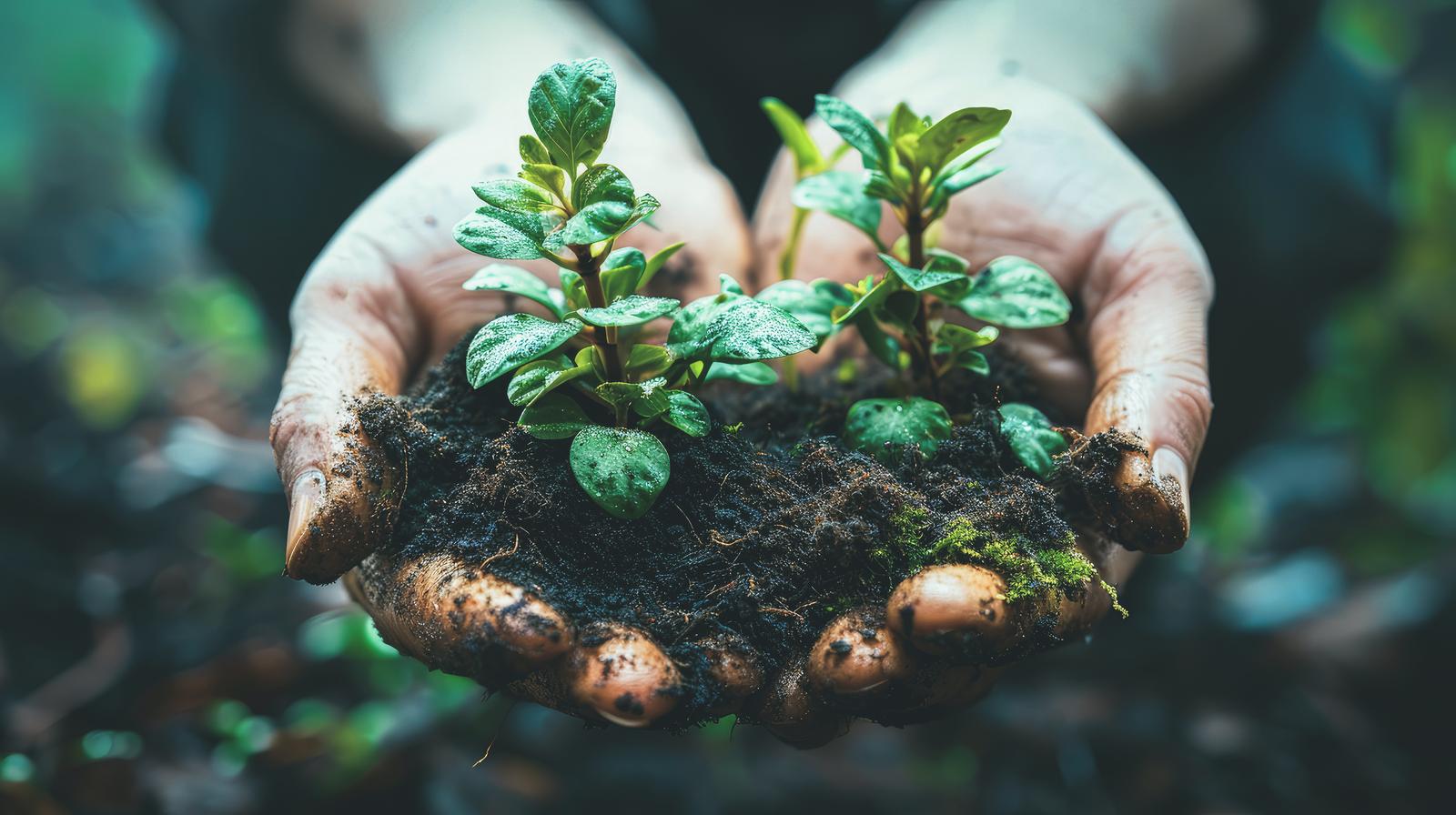 土を握る手から育つ新しい緑色の苗植物