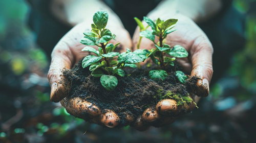 両手で新しい苗を掴んで見せる土壌からの芽生え