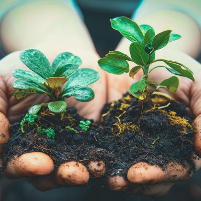 手のひらで育てる環境問題への取り組み：土から芽吹く苗の写真