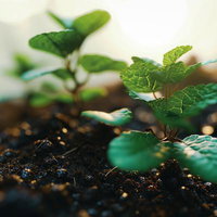 土壌に芽吹く小さな苗：環境問題と持続可能性を象徴する緑化イメージの写真