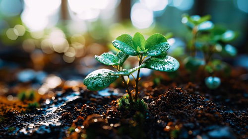 土壌に根付く新しい息吹、水滴輝く苗の成長