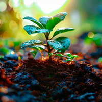水滴が輝く土壌に根付く自然保護と環境問題に使いやすい苗の写真