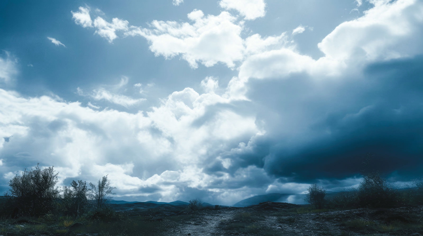 青空に盛り上がる積乱雲と暗い雨雲、その下に山々がある風景