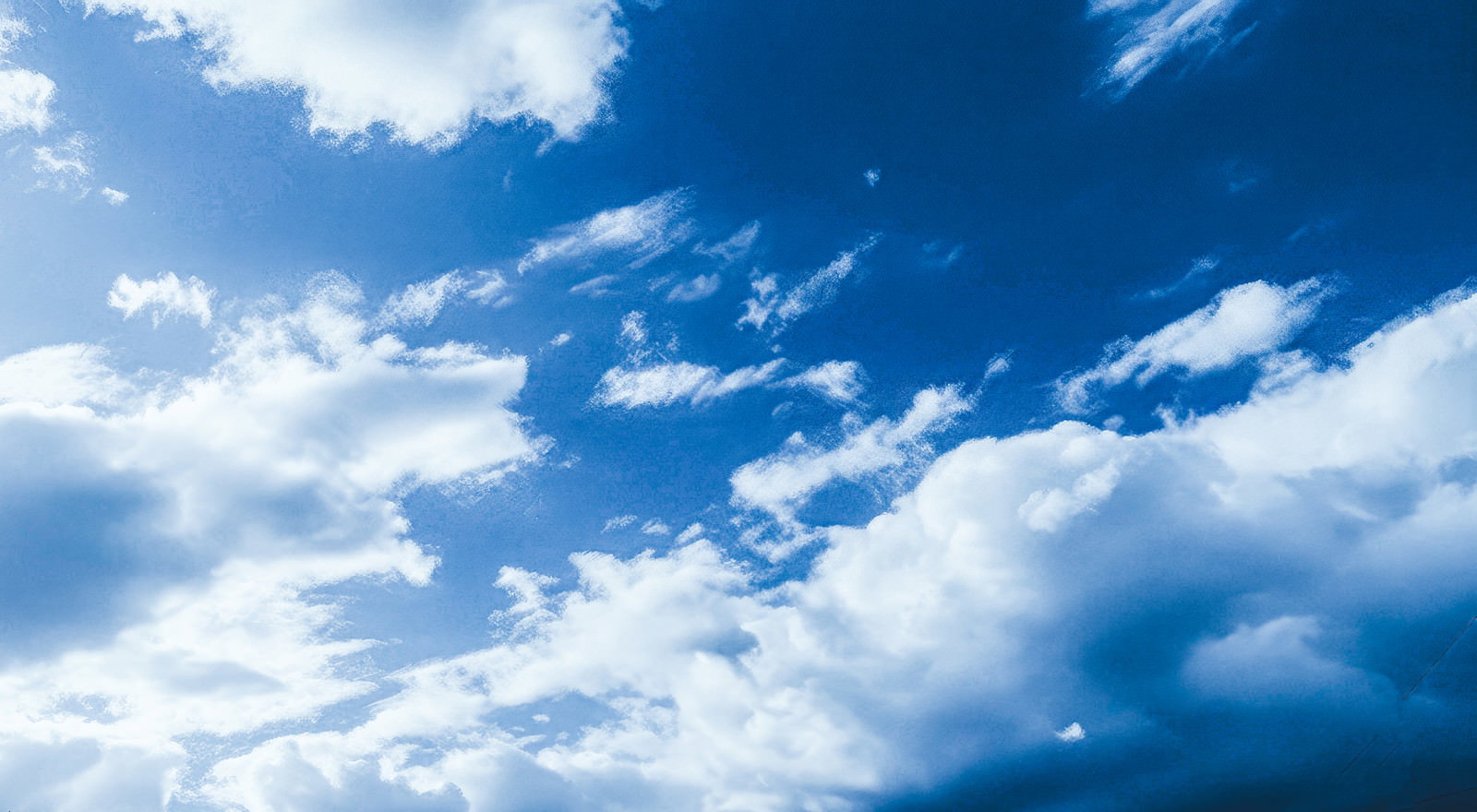 画面下部に白い積雲が広がり、上空には深い青色が広がる夏空