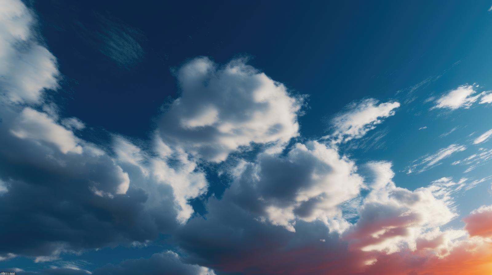 積雲が広がる青空と夕焼けの空
