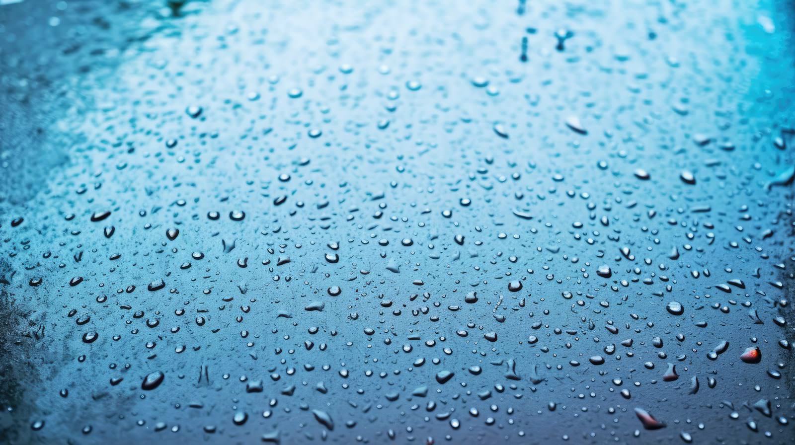 雨粒で覆われた青いガラス面のクローズアップ