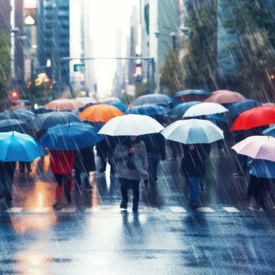 雨の都市で傘をさした集団の通勤ラッシュ、梅雨時期の悪天候の写真