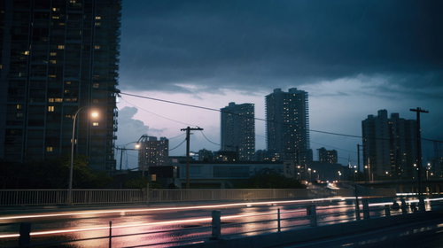 夕暮れの都会を走る光跡と高層マンション