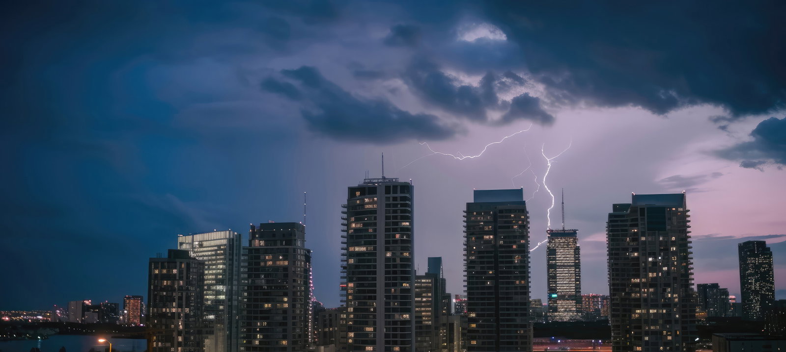 紫色の雲から複数の稲妻が落ちる都会のビル群と夜景