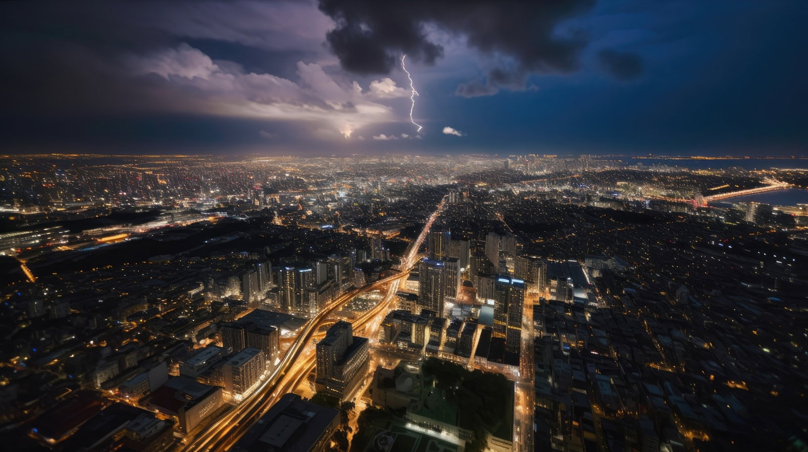 雷雲から落ちる稲妻が光る、ビル群と街灯が映える大都市の夜景