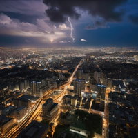 雷光が落ちる大都市の夜景 - 暴風雨の都心ビル群の写真
