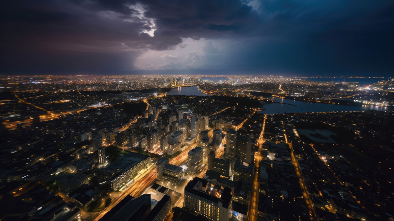 雷雲と高層マンション群が立つ夜の都会風景を上空から撮影したような画像