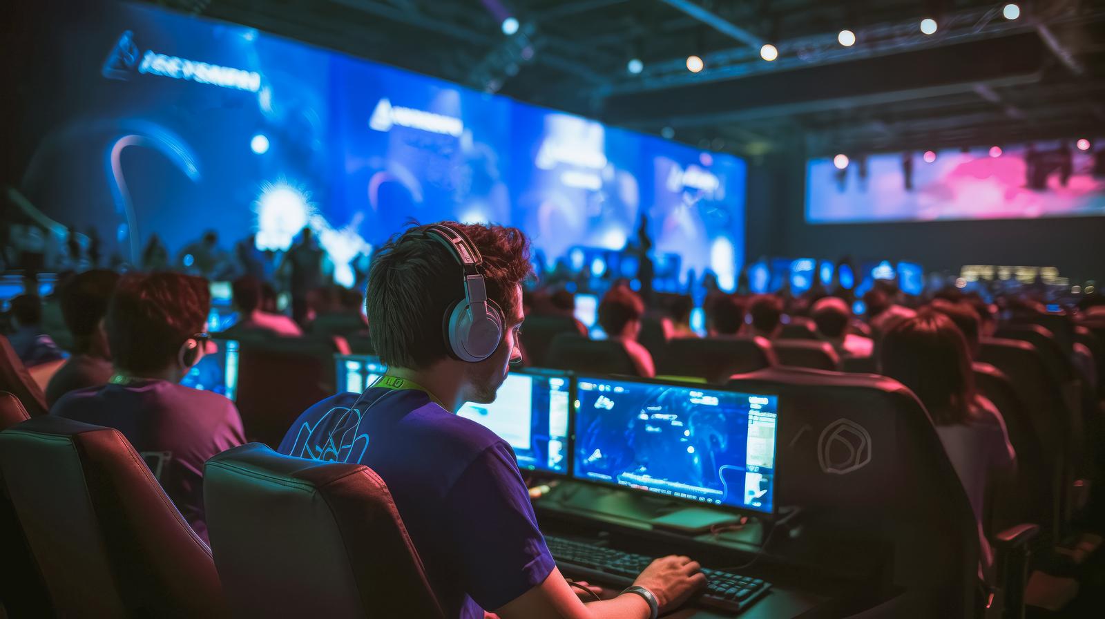 大型スクリーンのあるeスポーツ会場で観客とノートパソコンを操作する参加者