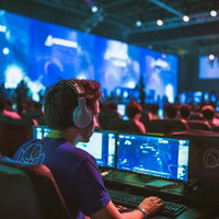 大型スクリーン設置のeスポーツトーナメント会場の写真