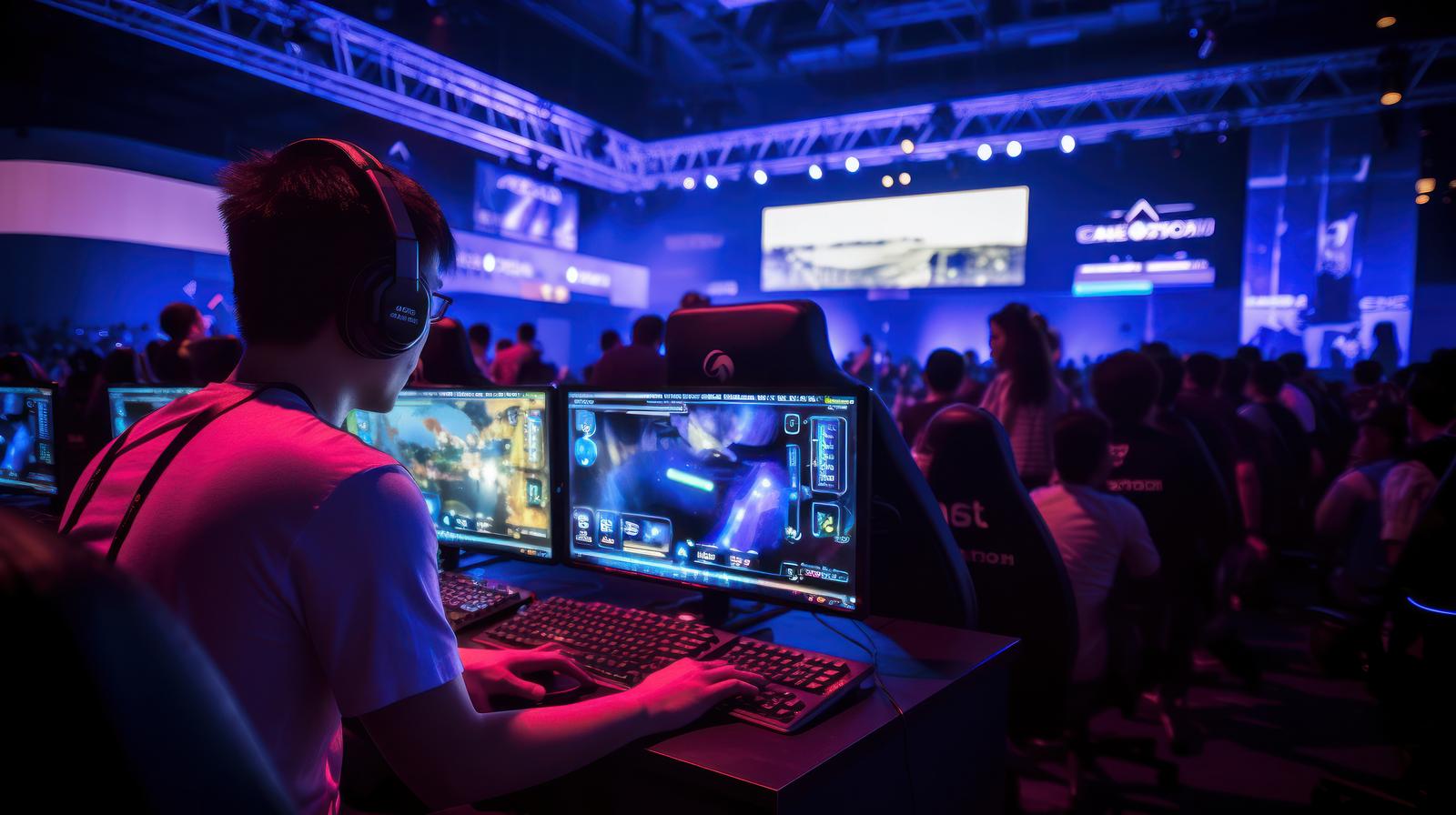 eスポーツ会場でゲーミングモニターに向かってプレイする参加者たち