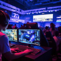 eスポーツ施設で行われるゲーミングモニターが並ぶ予選大会の写真