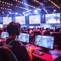 モニターで囲まれるeスポーツ大会会場のステージの写真