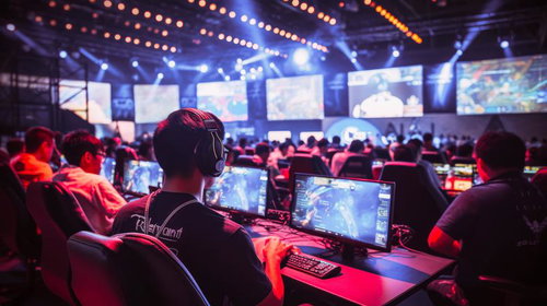 モニターで囲まれるeスポーツ大会会場のステージ