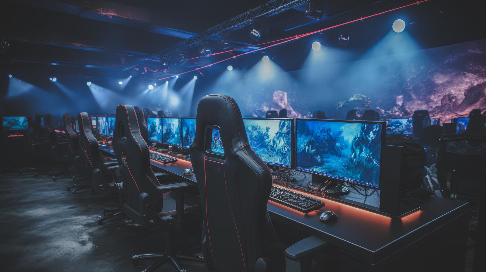 暗いeスポーツ会場で複数のモニターに向かってゲームをプレイする人々