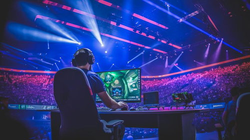 決勝大会ステージでの熱い対戦シーン、プロゲーマーたちの真剣な競技風景