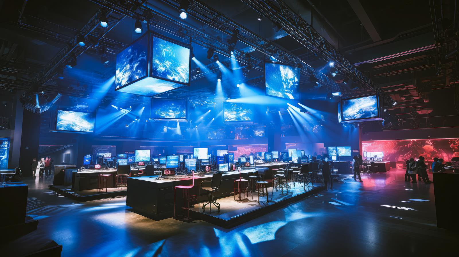 青いライトで照らされたeスポーツ会場に複数のディスプレイと観客席が配置されている