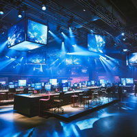 青いライトが照らすeスポーツが楽しめるイベント会場の写真