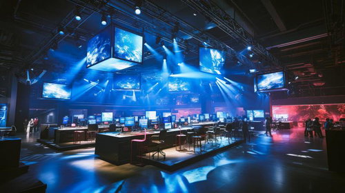 青いライトが照らすeスポーツが楽しめるイベント会場