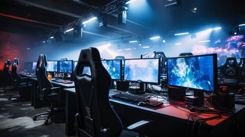 PCモニターがずらりと並んだeスポーツ特訓施設の青照空間