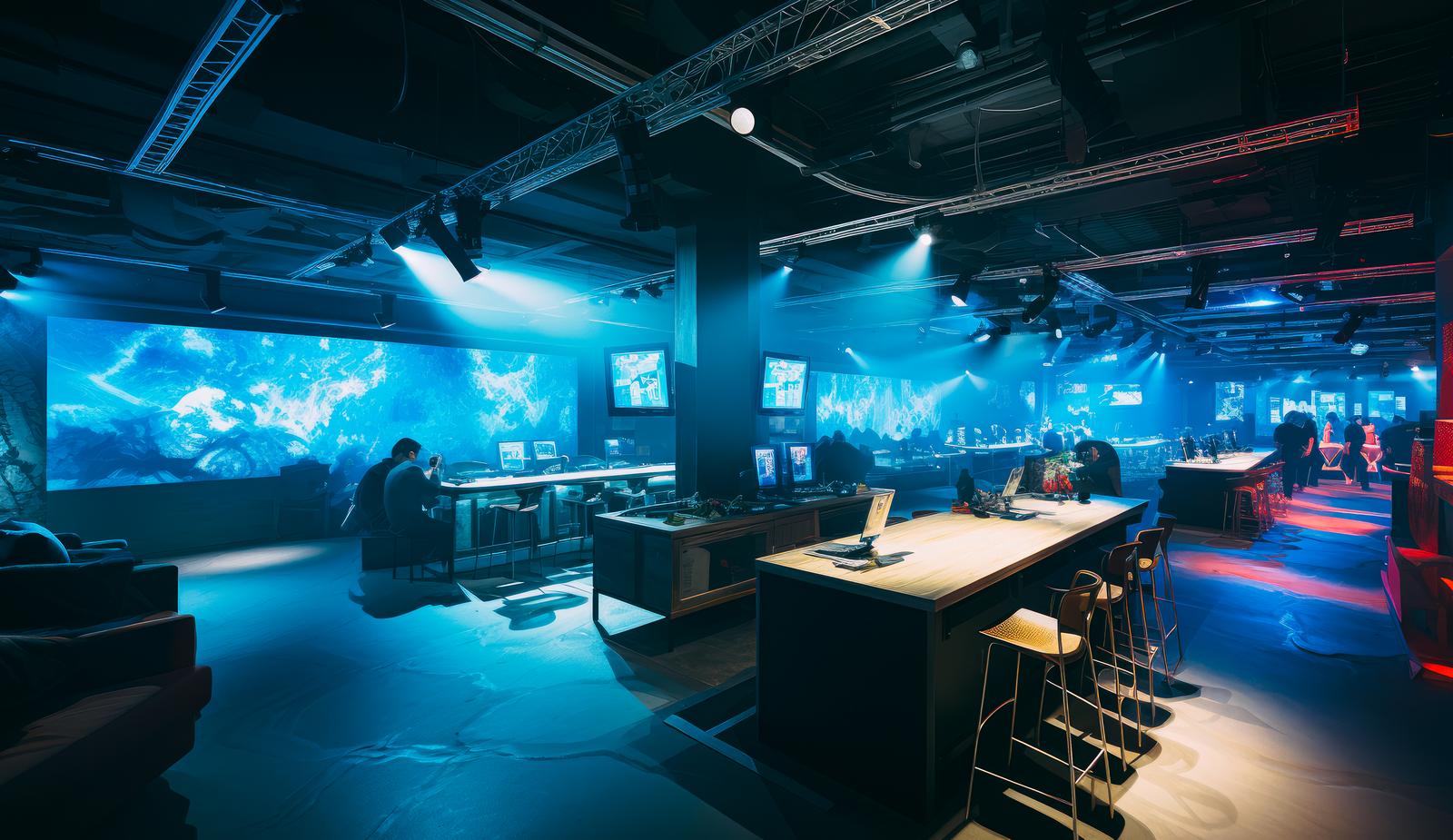 青い照明のeスポーツイベント会場で巨大モニターが設置された空間