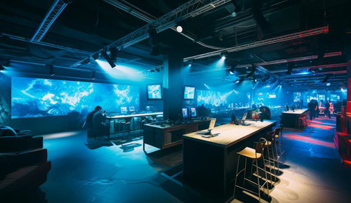 巨大モニターでeスポーツの様子を眺められるイベント会場