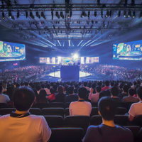 eスポーツイベント会場で熱狂するオーディエンスと青い照明の写真