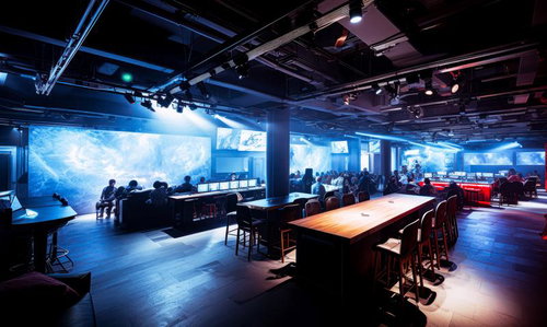 パブリックビューイングで大型ディスプレイの試合を観戦する人たち