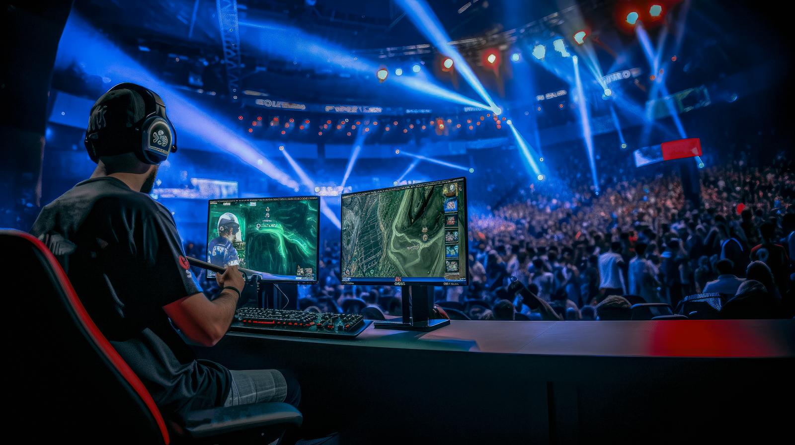 eスポーツ大会会場で大勢の観客がスクリーンを見つめている