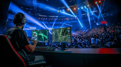 eスポーツ大会会場の大勢の観客とスクリーン