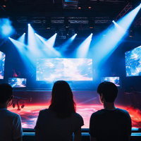 大画面を見ながら観戦するeスポーツイベントの会場の写真