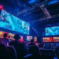 青いライトに照らされたPCゲーム大会の会場の写真