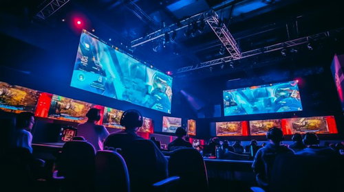 青いライトに照らされたPCゲーム大会の会場